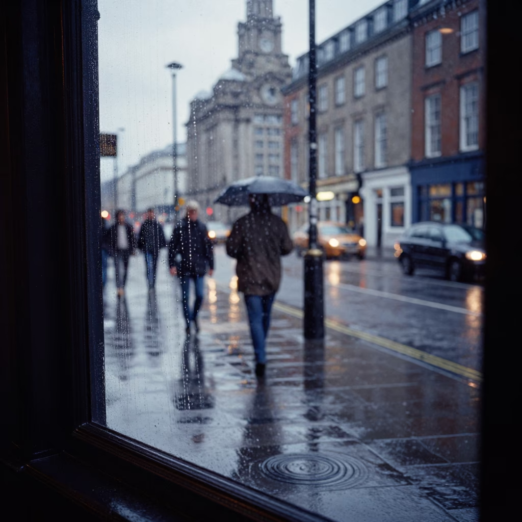 Rainy Liverpool Evening Street Scene with Water Rings on Window Glass in in Liverpool, United Kingdom