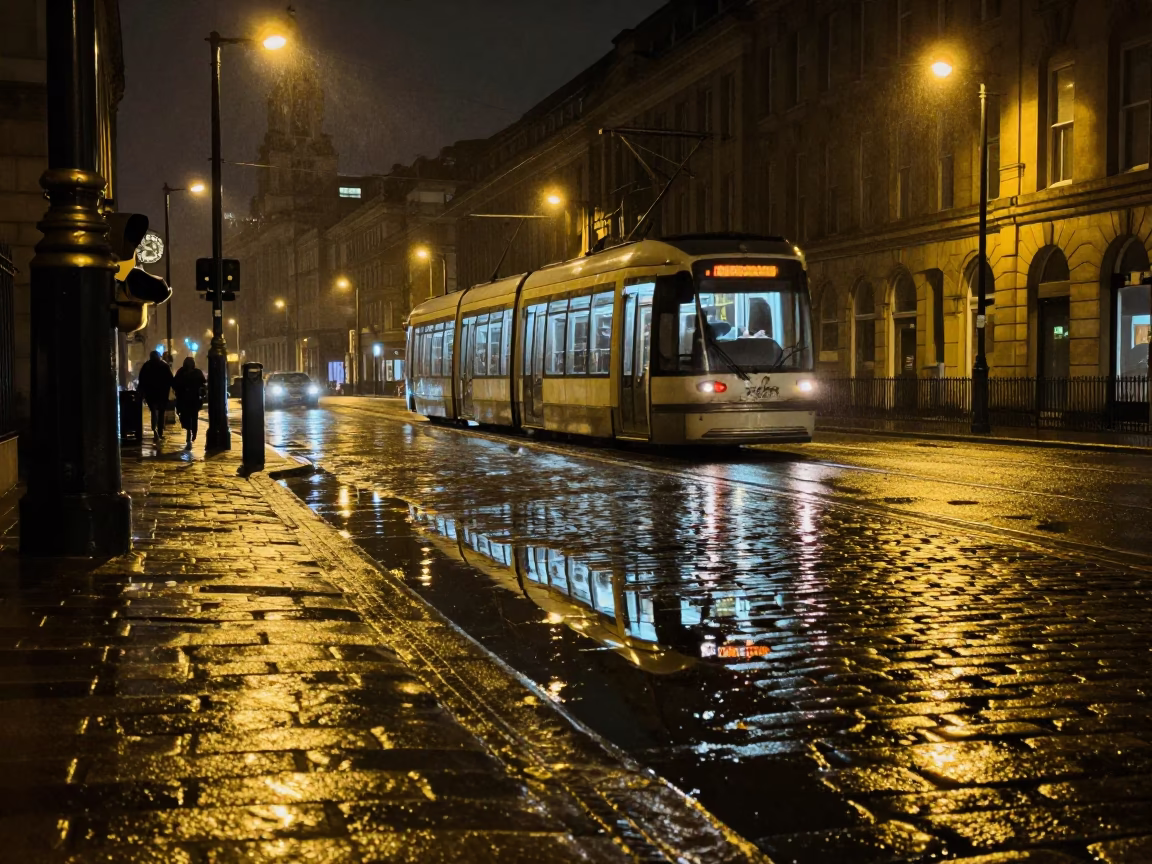 Rainy Liverpool Night Tram Reflection on Cobblestones with Brass Details in in Liverpool, United Kingdom