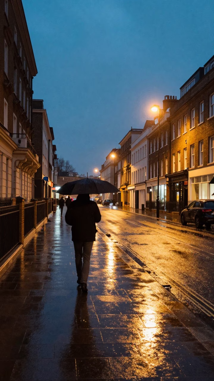 Rainy London Night Street Scene with Umbrella and Wet Pavement Reflections Before Dawn in in London, United Kingdom