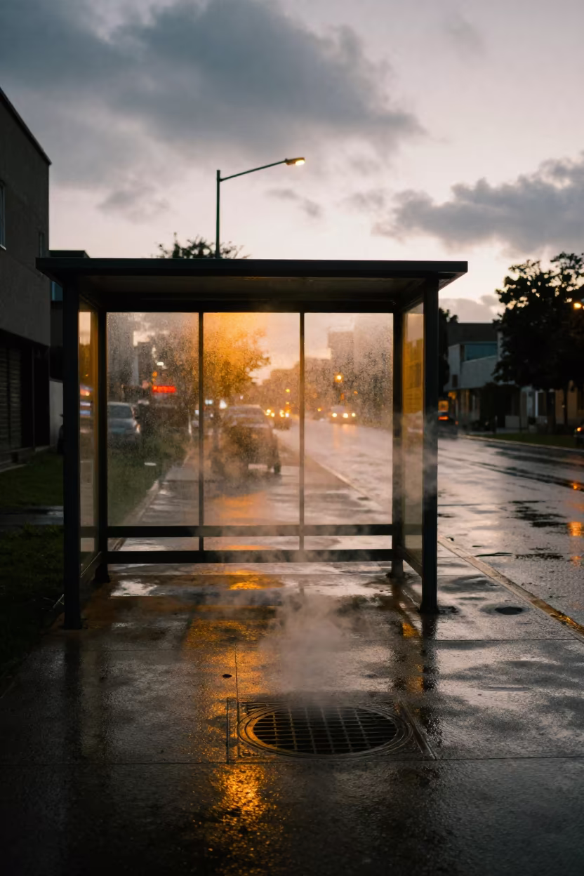 Rainy Luena Street Corner Steaming Manhole Backlit in beside a steamed-up bus shelter in Luena
