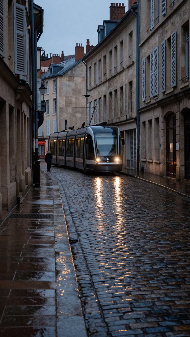 Rainy Lyon Cobblestone Street at Predawn with Tram Reflections in in Lyon, France