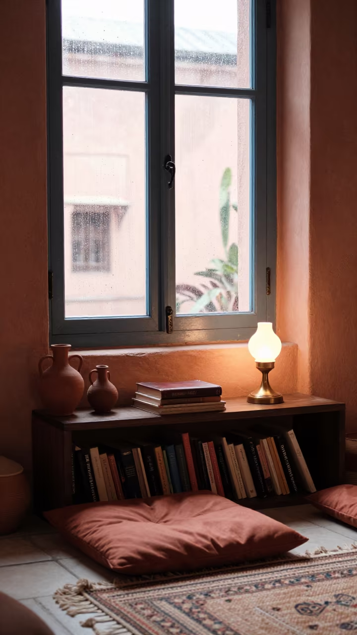 Rainy Marrakesh Corner Cushion Bookshelf in beside a rain-streaked window in Marrakesh