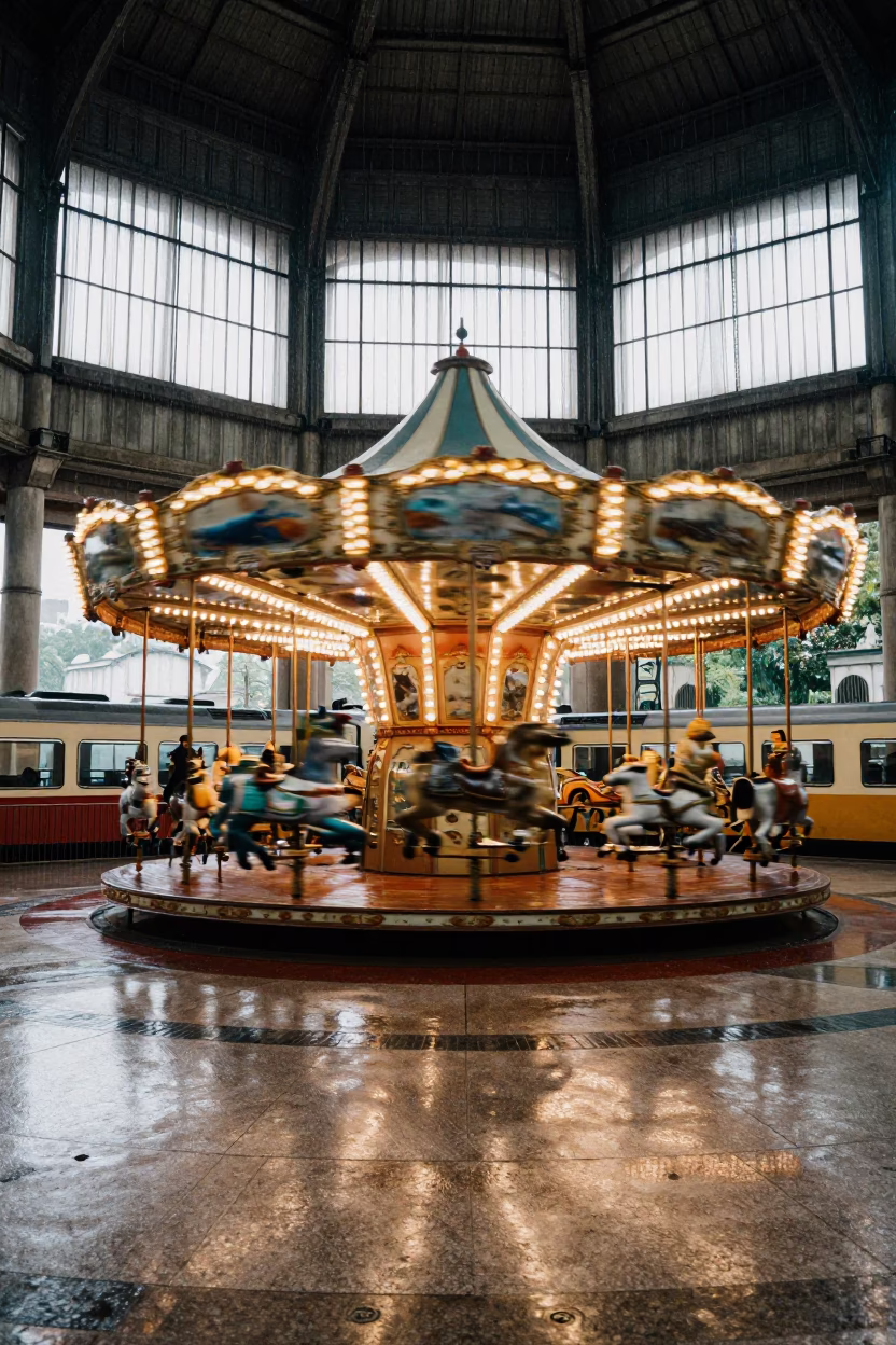 Rainy Merry Go Round Light Trails Terminal in inside a restored train terminal near Leblon, Rio de Janeiro