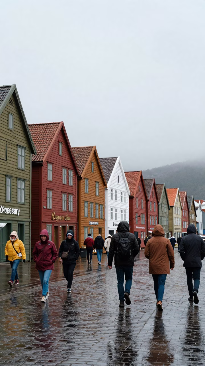 Rainy Midday in Bergen Norway Colorful Bryggen Wharf with Pedestrians and Harbor Boats in in Bergen, Norway