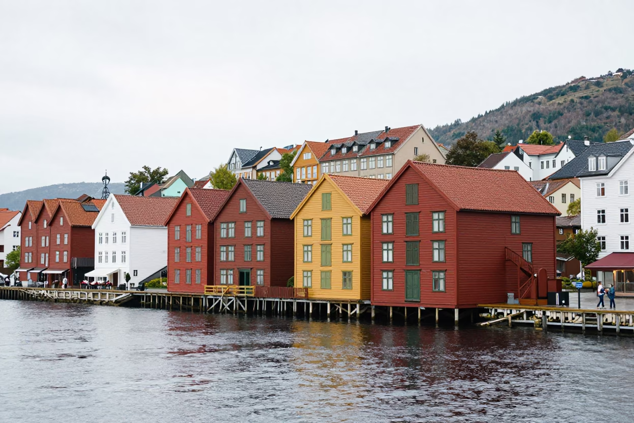 Rainy Midday in Bergen Norway Traditional Bryghan Wharf and Colorful Wooden Houses in in Bergen, Norway
