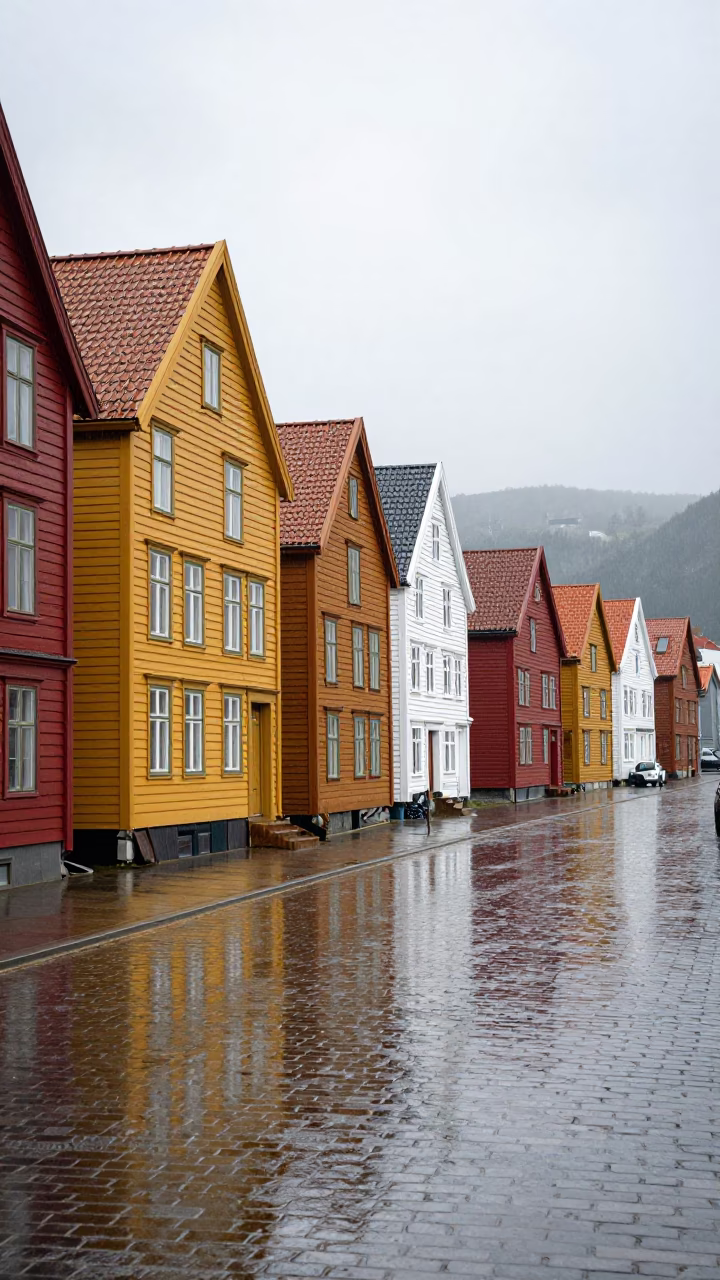 Rainy Midday Street Scene in Bergen Norway with Colorful Wharf Houses in in Bergen, Norway