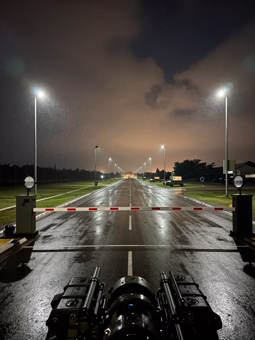 Rainy Midnight Checkpoint at Bouake Airbase in along an airbase flight line in Bouake