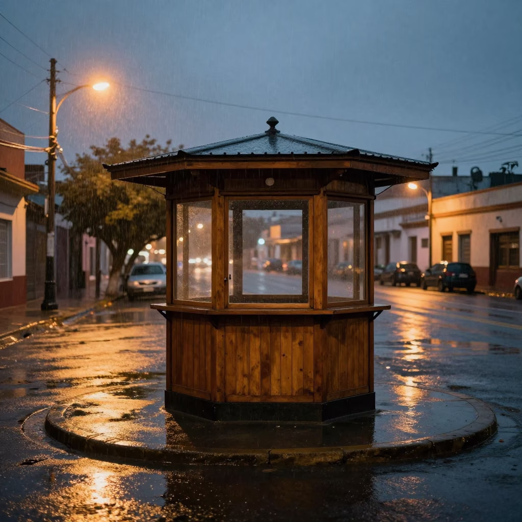 Rainy Midnight Shoe Shine Stand Navojoa in by a rain-darkened kiosk in Navojoa