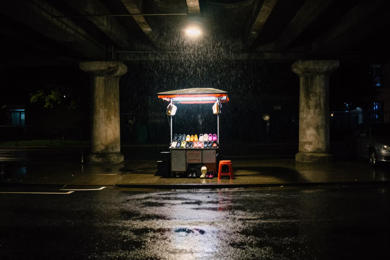 Rainy Midnight Shoe Shine Stand Underpass in beneath a flickering underpass light in Richmond