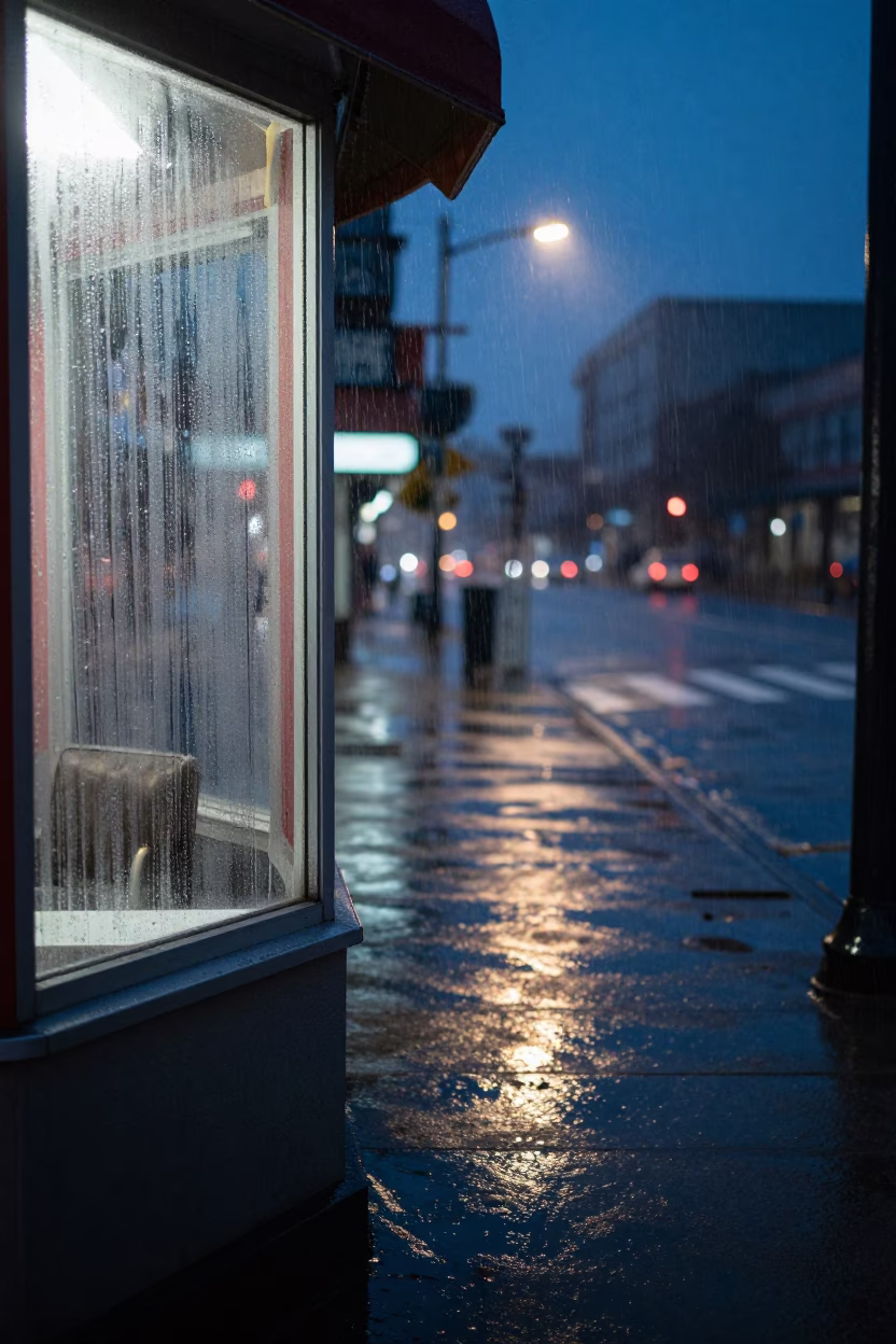 Rainy Midnight Street Scene in Portland Oregon with Condensation on Window Glass in in Portland, Oregon, United States