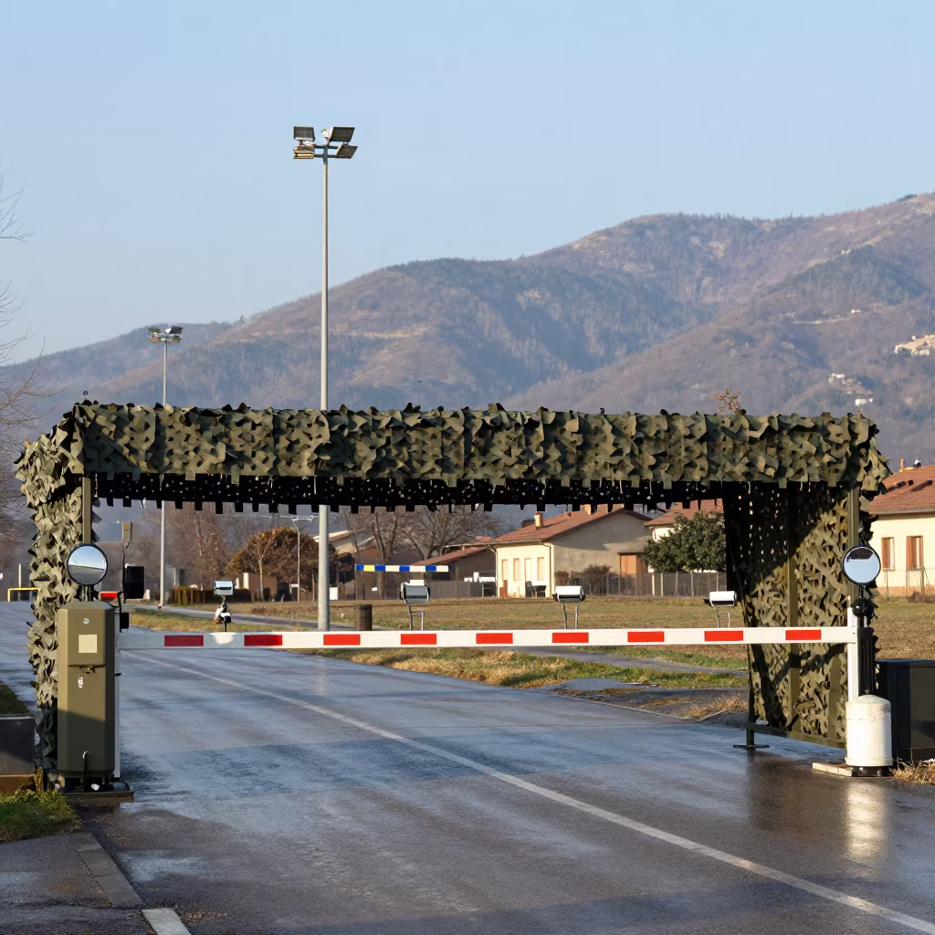 Rainy Military Checkpoint Under Camouflage Netting in beneath a camouflage net shelter in Forlì
