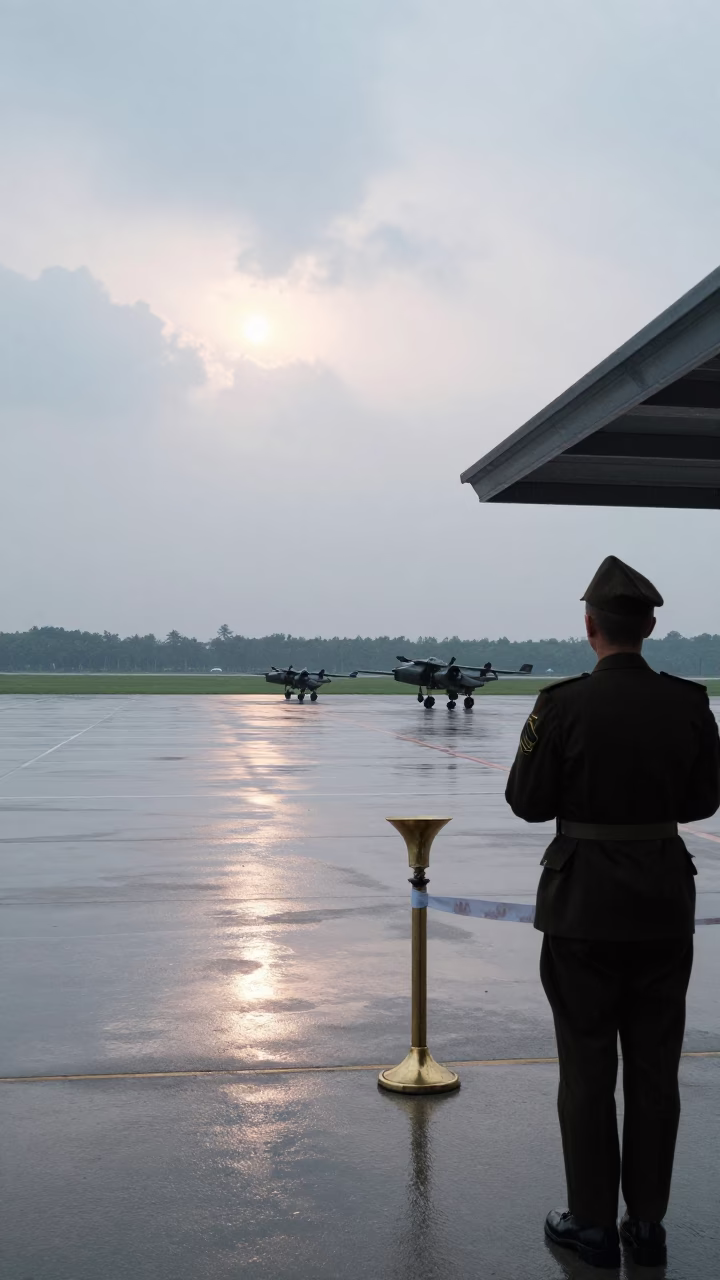 Rainy Military Review Stand Airbase Dalmatia in along an airbase flight line in the Dalmatian Coast