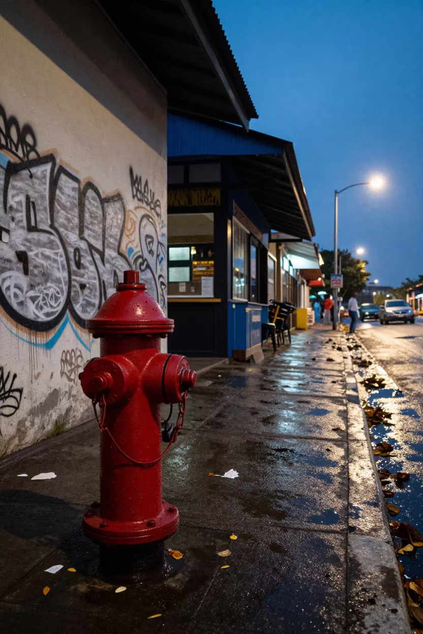 Rainy Mombasa Sidewalk Graffiti and Hydrant in outside a corner cafe in Mombasa