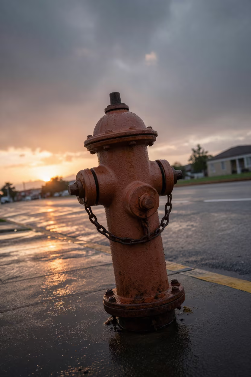 Rainy Monsoon Sunset Urban Fire Hydrant in at a jewelry counter inside a covered bazaar in Karura Forest, Nairobi