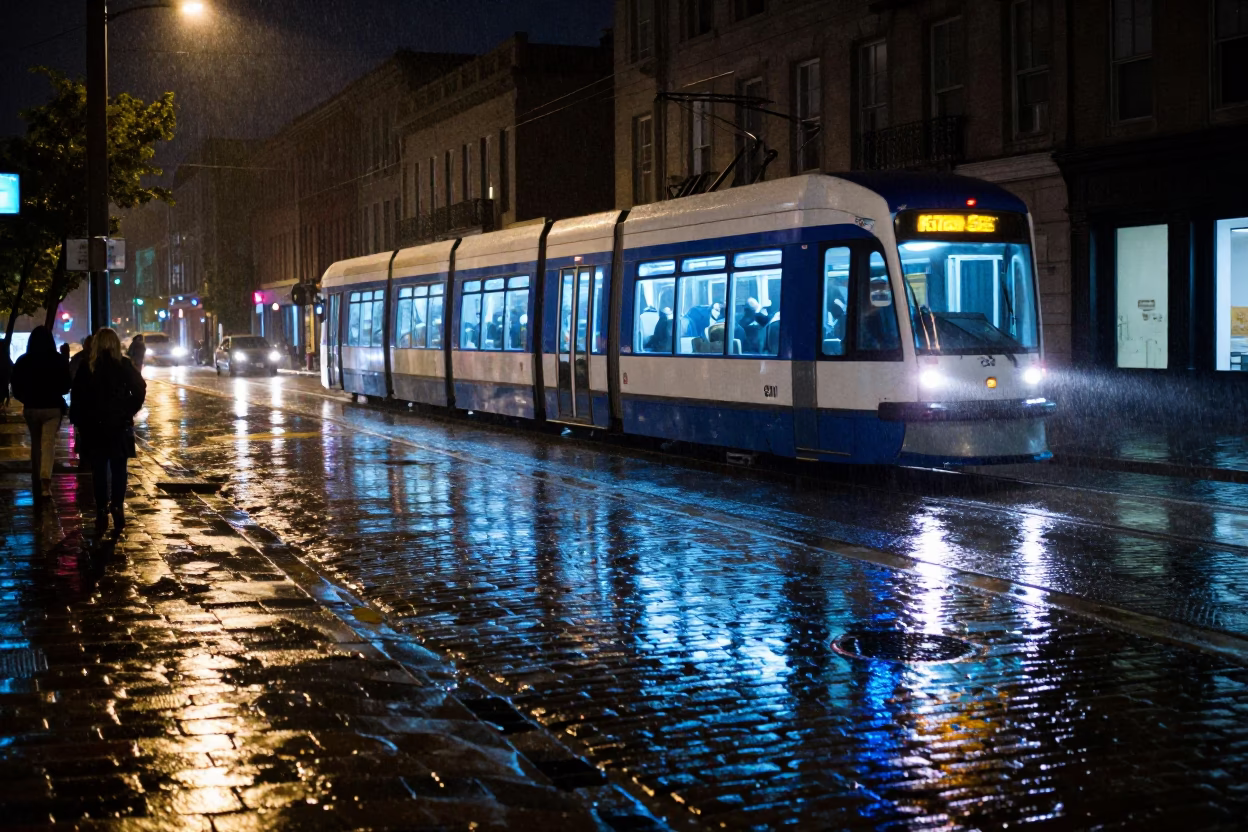Rainy Montreal Night Tram Reflection on Cobblestone Street in in Montreal, Quebec, Canada