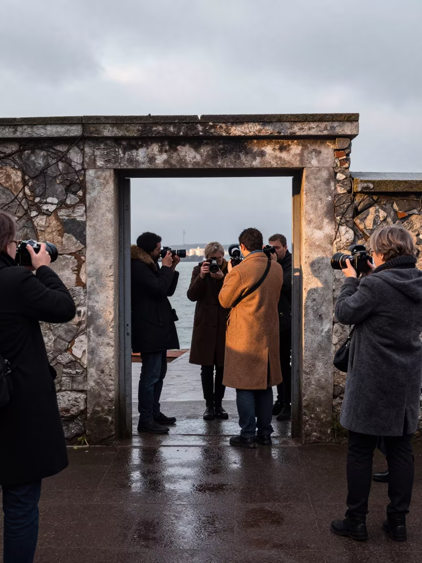 Rainy Morning Fashion Week Harbor Wall Crowd in against a wind-beaten harbor wall in Kosti