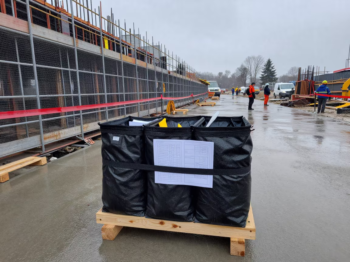 Rainy Morning Mortar Bag Rack at Quebec Construction Site in inside a taped-off excavation edge in Quebec