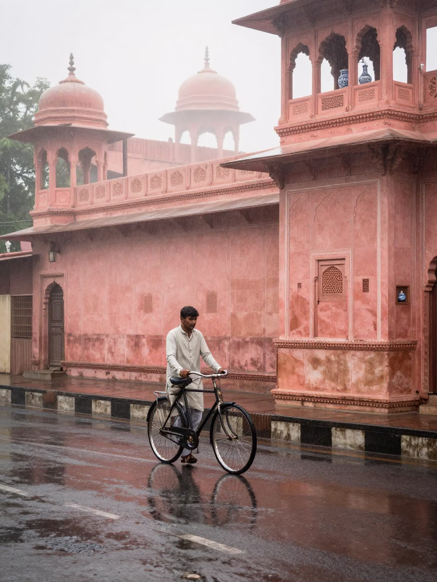 Rainy Morning Street Scene in Jaipur India with Bicycle and Porcelain in in Jaipur, India