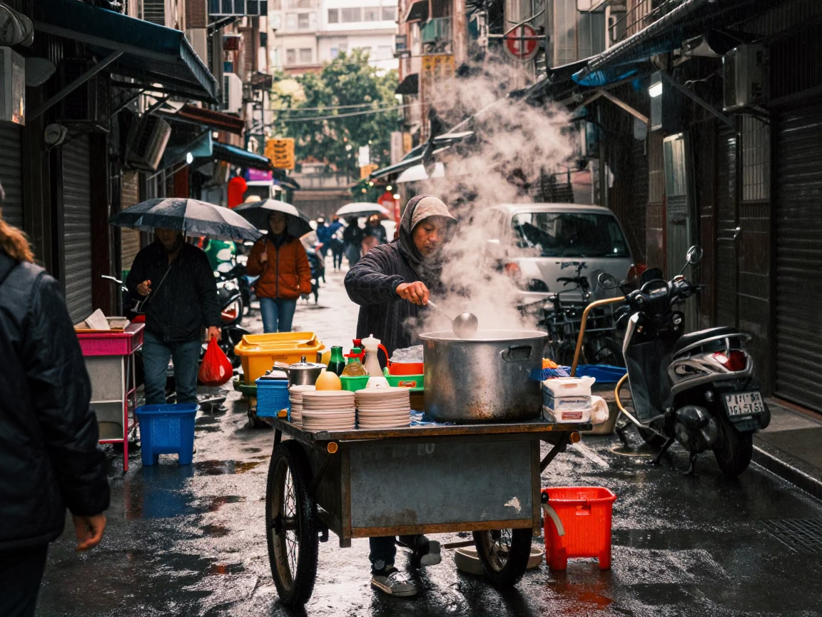Rainy Morning Street Stall Vendor Arranging Goods in Taipei in in Taipei, Taiwan