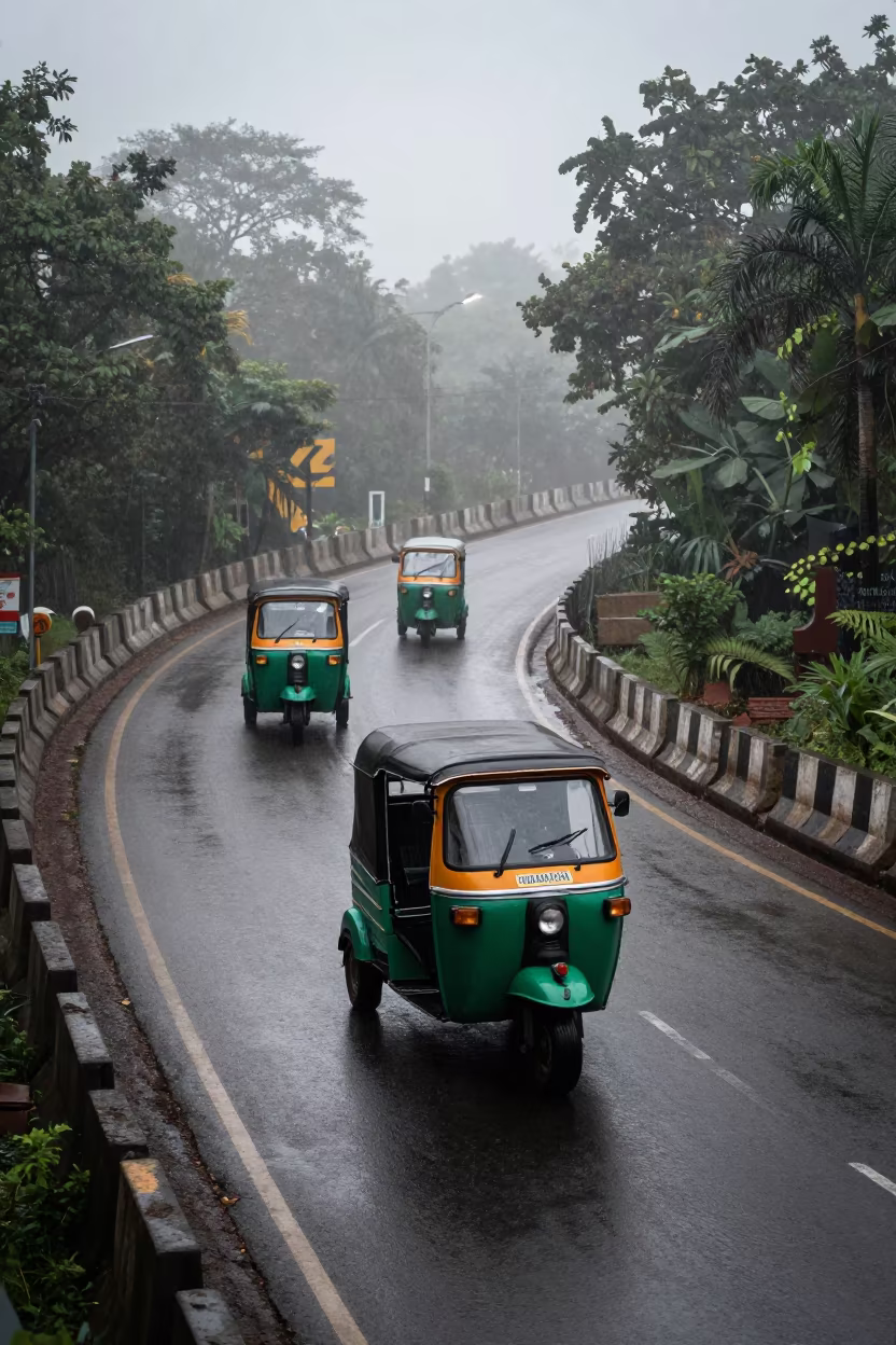 Rainy Morning Tuk-Tuk in Mumbai Shadow in along a switchback approach near Dharavi, Mumbai