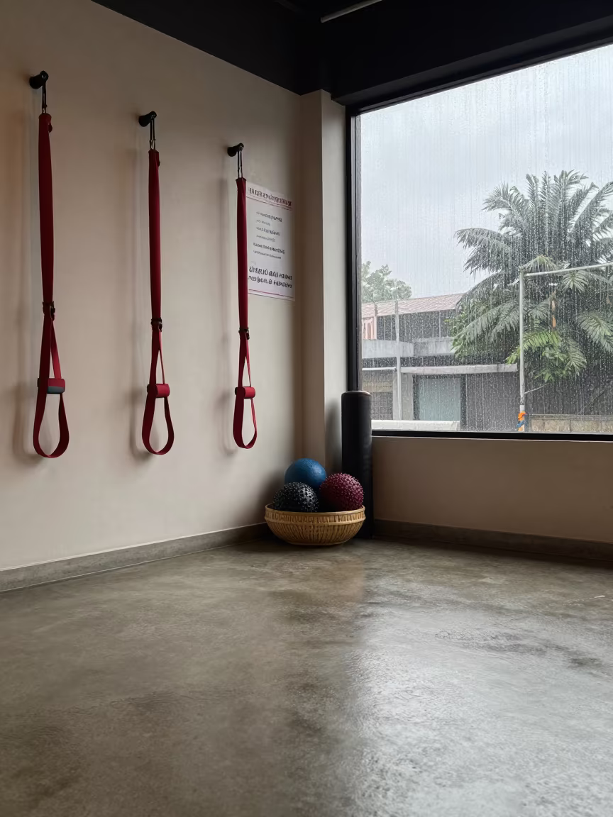 Rainy Morning Yoga Recovery Corner in Chennai Studio in inside a yoga studio before the session begins in Chennai
