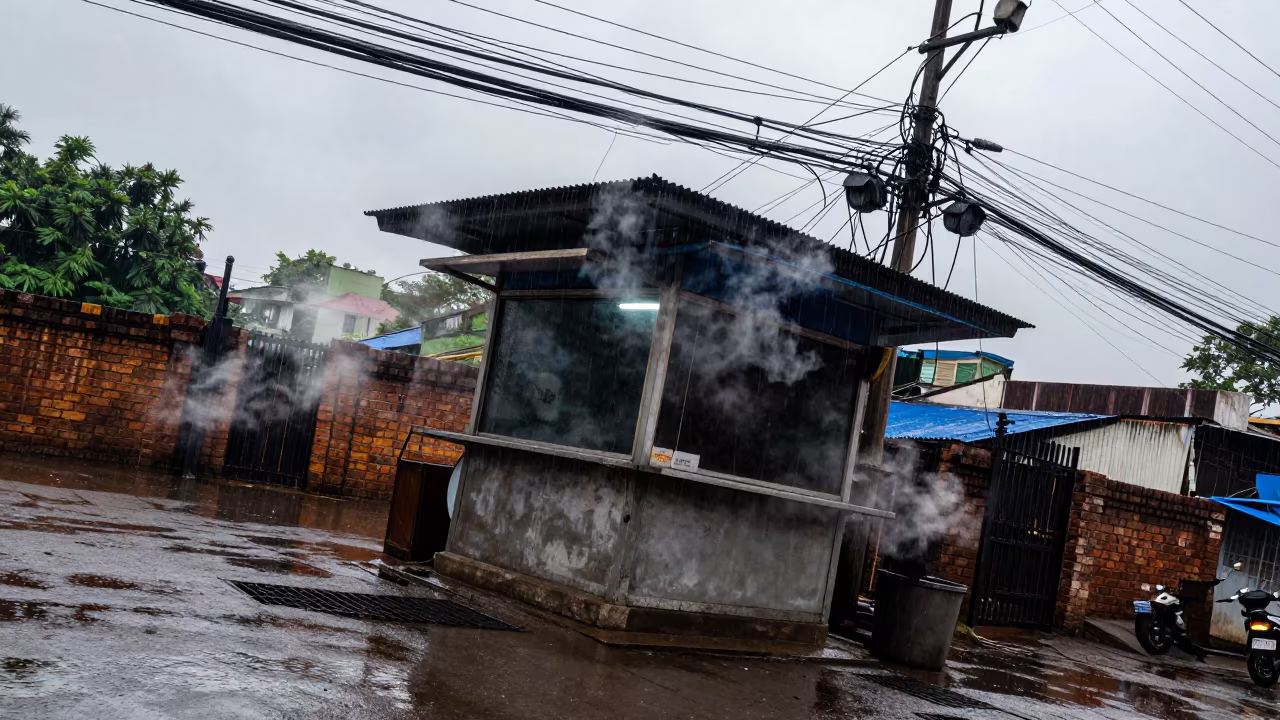 Rainy Mumbai Street Power Lines Above Kiosk in by a rain-darkened kiosk in Mumbai