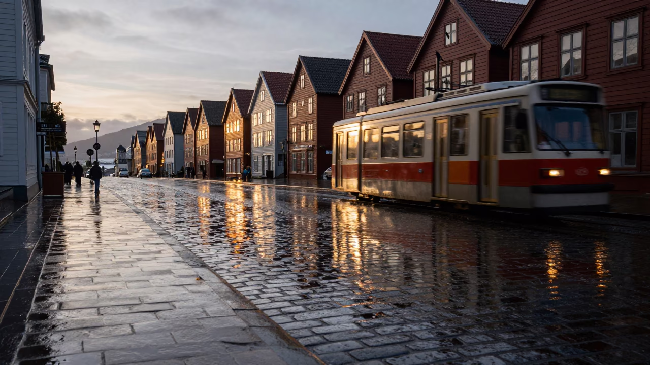 Rainy Nautical Dawn in Bergen Norway with Tram Reflections on Cobblestones in in Bergen, Norway