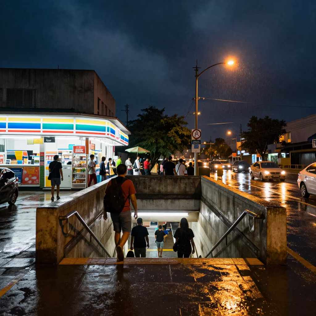 Rainy Night Commuters Descend Staircase in outside a fluorescent convenience store in Monywa
