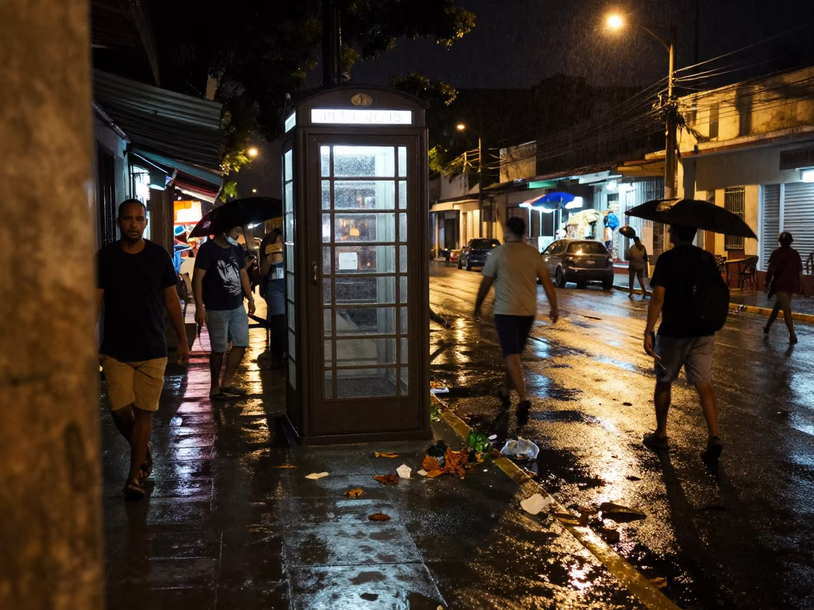 Rainy Night Commuters Rush Past Phone Booth in along a market-lined side street in Higüey