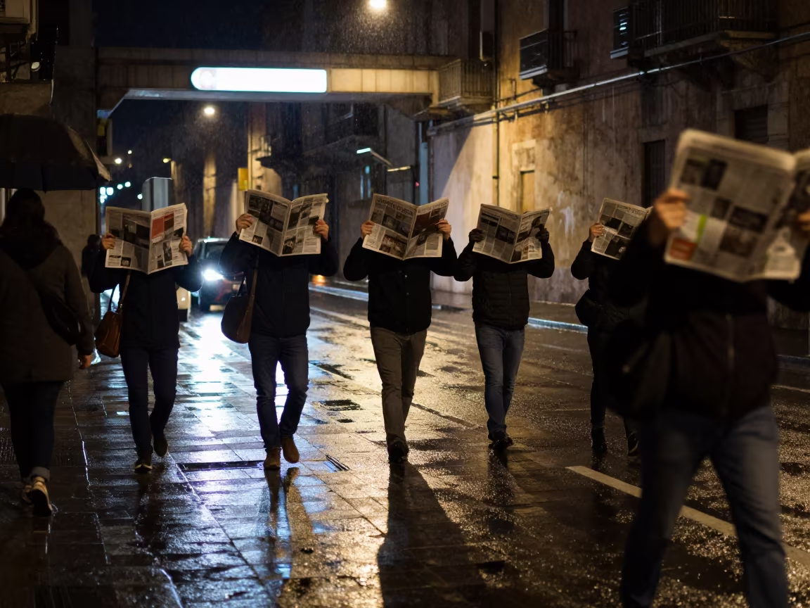 Rainy Night Commuters Under Flickering Streetlight in beneath a flickering underpass light in Sassari