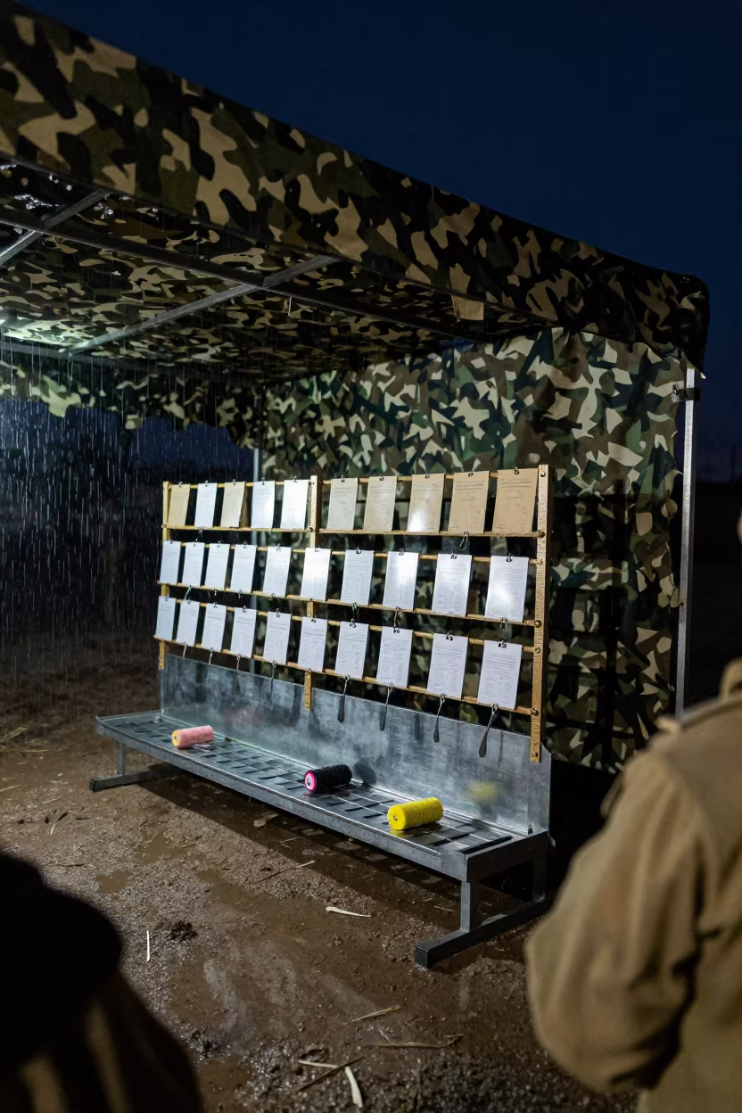 Rainy Night Drip Pan Rack Under Camo Net in beneath a camouflage net shelter in Afghanistan