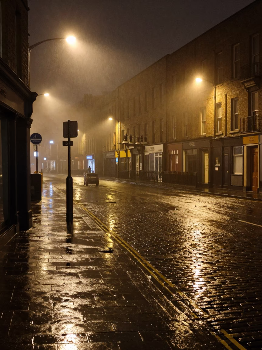 Rainy Night Dublin Street Scene with Steam Haze and Sparkling Substation Insulators in in Dublin, Ireland