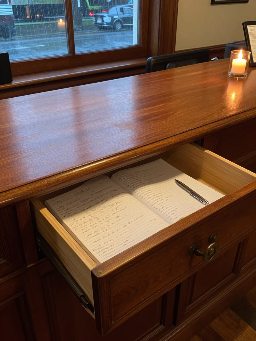 Rainy Night Guest Complaint Log at Reception Desk in at a reception desk under warm light near Beira