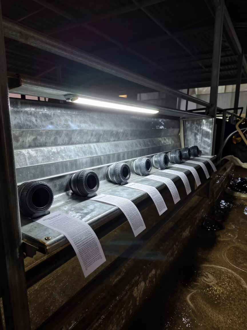 Rainy Night Hose Cap Shelf in Myanmar Feedlot in along a feedlot lane in Myanmar