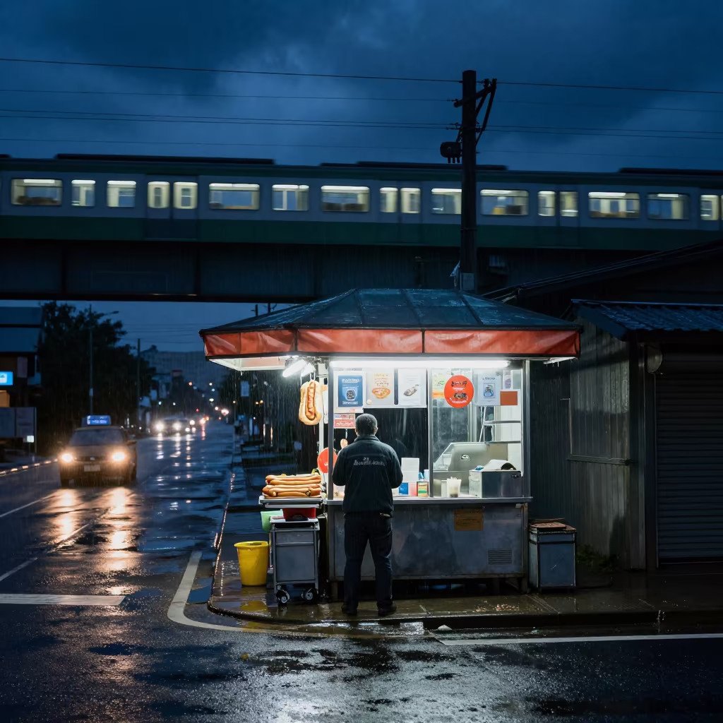 Rainy Night Hot Dog Stand Under Train in under an elevated train line in Akure