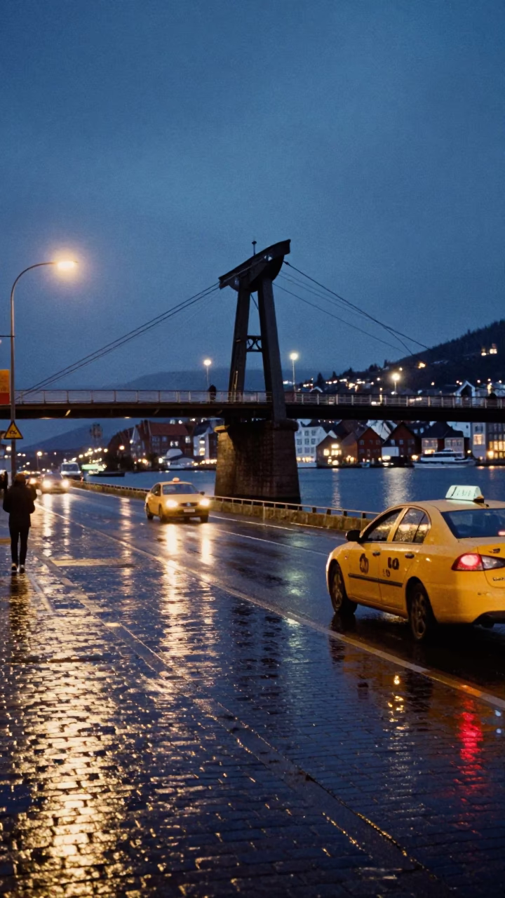 Rainy Night in Bergen Norway with Yellow Taxi and Harbor Reflections in in Bergen, Norway