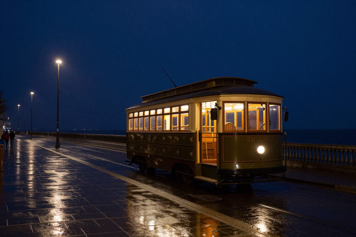 Rainy Night in Dublin Ireland Heritage Tram on Coastal Promenade Under Deep Night Sky in in Dublin, Ireland