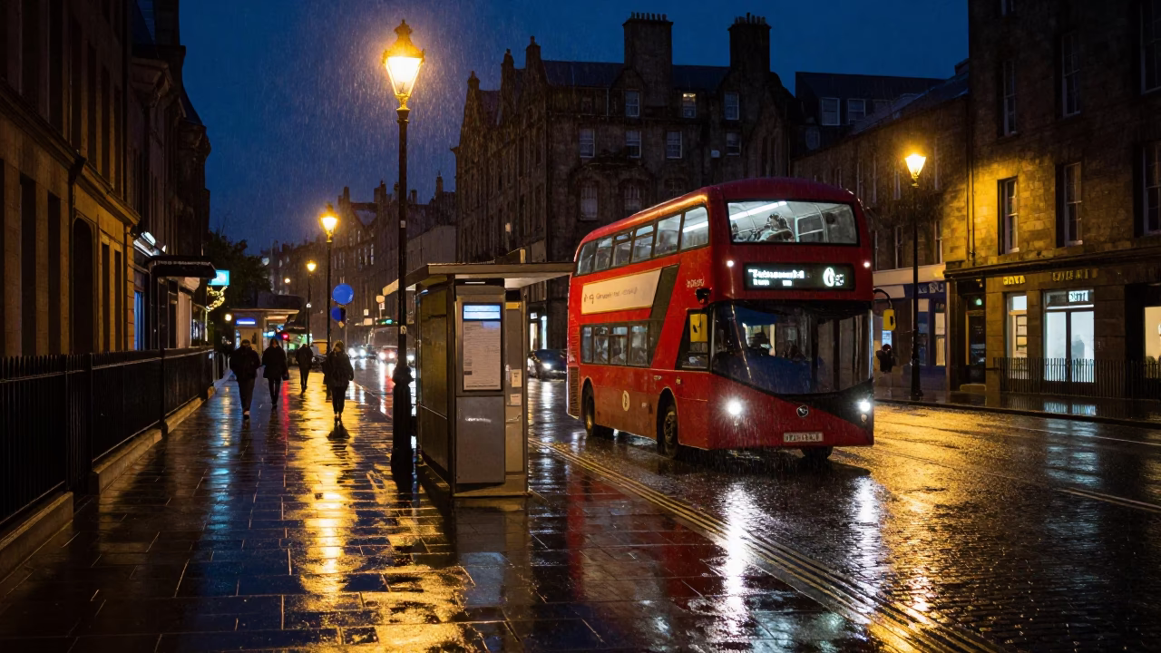 Rainy Night in Edinburgh Double Decker Bus Stop Street Scene in in Edinburgh, United Kingdom