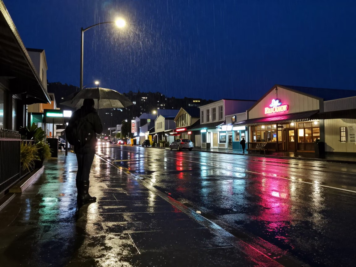 Rainy Night in Wellington New Zealand Street Scene with Umbrella and Puddle Reflections in in Wellington, New Zealand