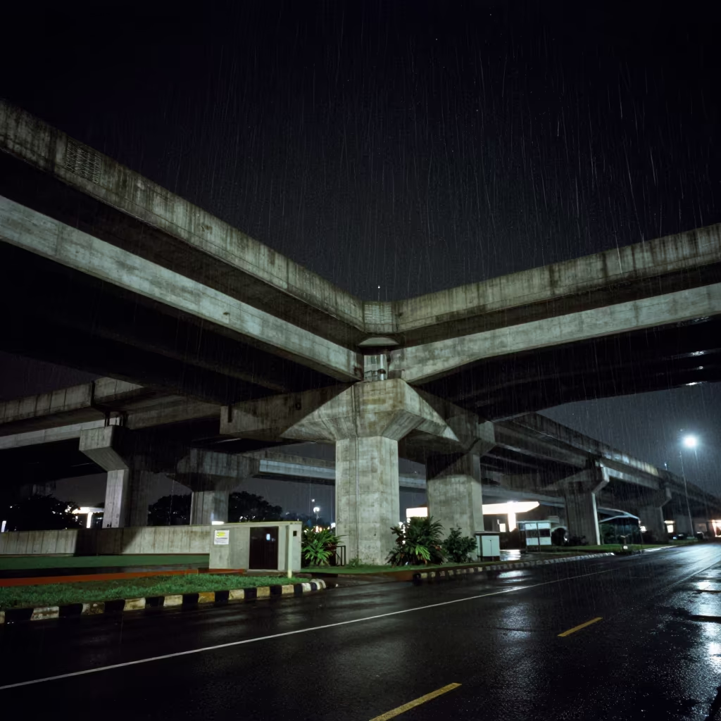 Rainy Night Overpass Ogbomosho Storm Barrier in beside a storm surge barrier near Ogbomosho