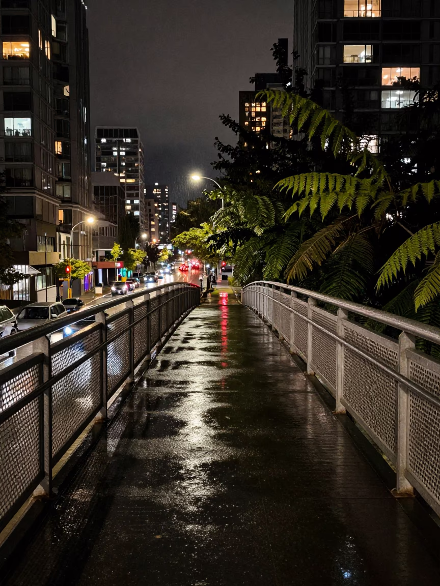 Rainy Night Pedestrian Overpass Vancouver British Columbia Cityscape in in Vancouver, British Columbia, Canada