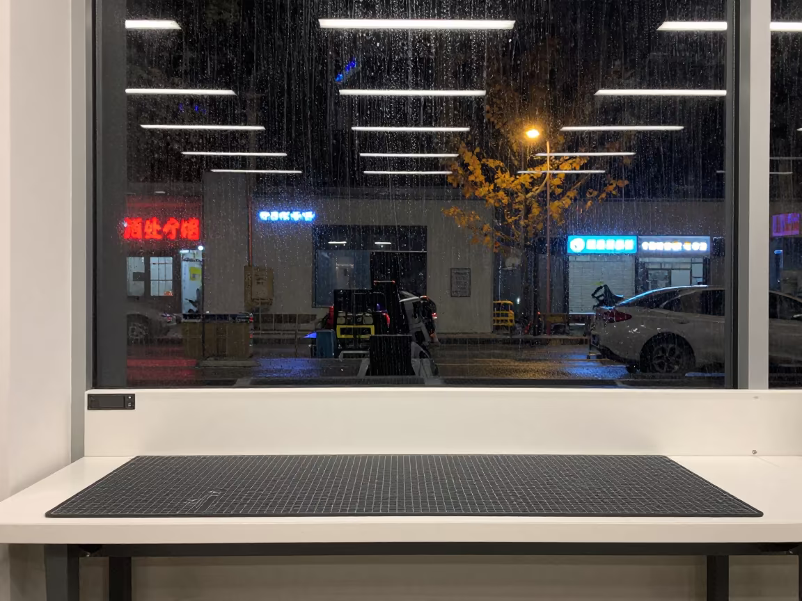 Rainy Night Retail Counter with Neon Reflections in at a checkout lane under flat store light near Anyang