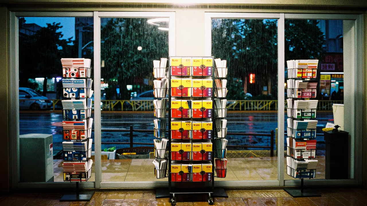 Rainy Night Retail Display Quote Rack in inside a storefront display zone near Kunming