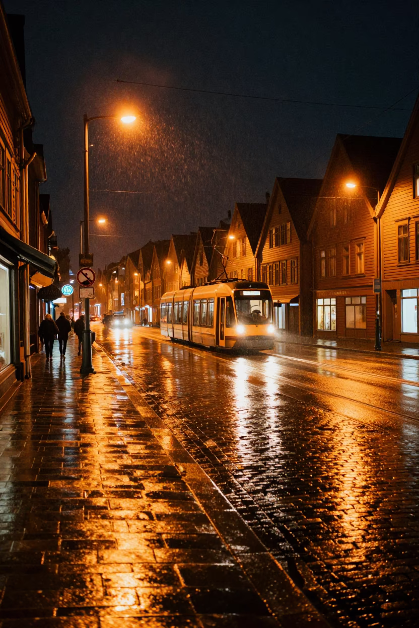Rainy Night Street Scene in Bergen Norway with Cobblestones and Tram Reflection in in Bergen, Norway