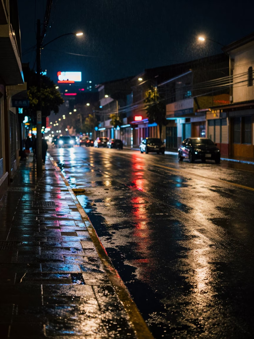 Rainy Night Street Scene in Medellin Colombia with Wet Pavement and Distant Lights in in Medellin, Colombia