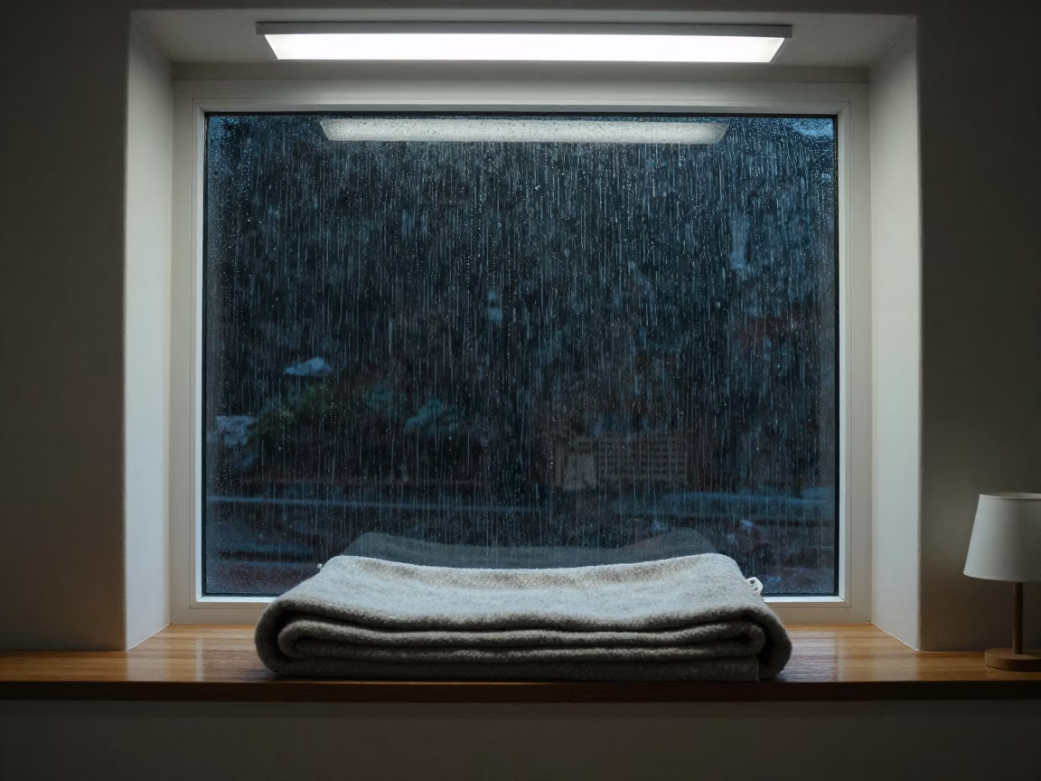 Rainy Night Windowseat Wool Blanket Fluorescent Light in in a sunlit living room in Tando Allahyar