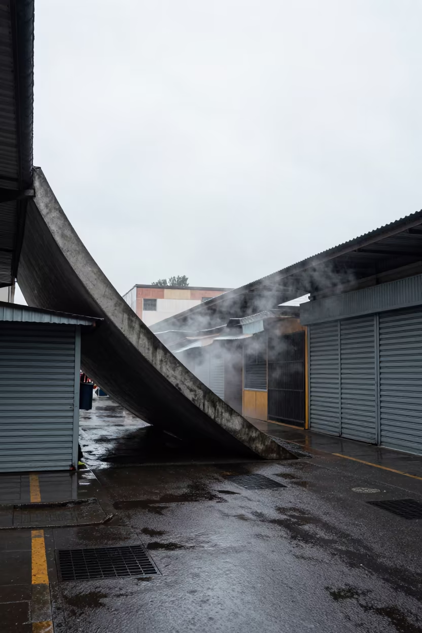 Rainy Overpass Ramp Above Shuttered Market Stalls in along a shuttered arcade in Paloquemao Market, Bogota