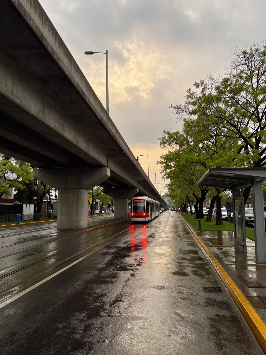 Rainy Overpass Ramp Reflecting Brake Lights in Monterrey in at a tram stop in Monterrey
