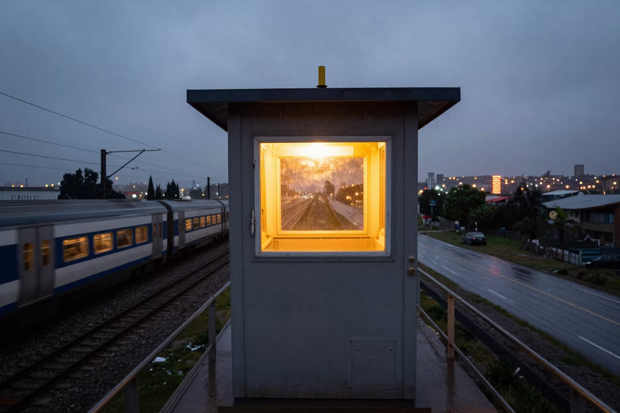 Rainy Overpass Signal Cabin Light Above Train in across a windy overpass interchange near Salta