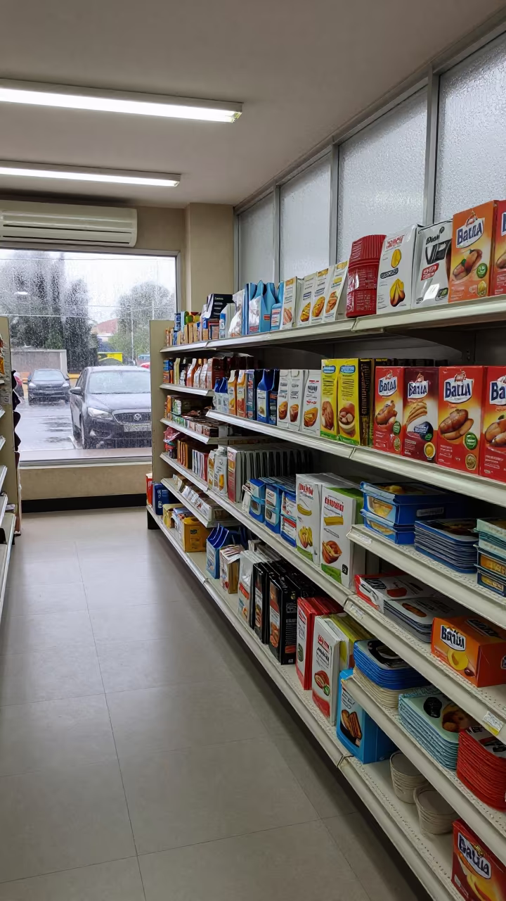 Rainy Parking Lot Light on Retail Cutting Mat Shelf in inside a bright retail aisle in Batala
